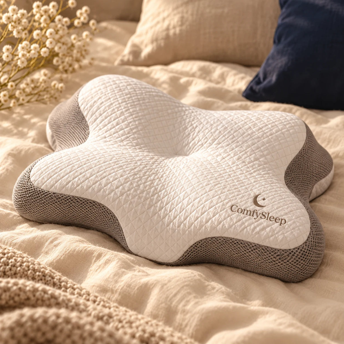 ComfySleep Nackenkissen: weiße Steppfläche, grauer Seitensteg und geschwungene Aussparung