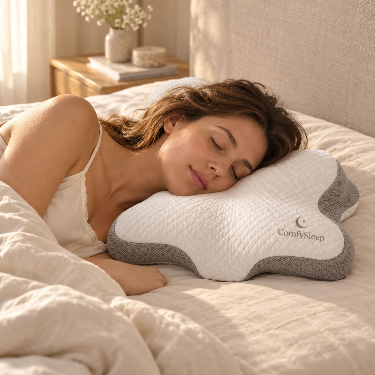 Seitenschläferin auf dem ComfySleep Schmetterlings-Nackenkissen